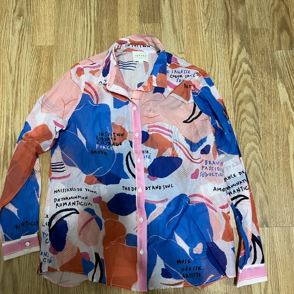 Sezane Pierro button Shirt in Femme silk blue red pink Size 38 - Picture 3 of 6